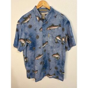 Columbia River Lodge Mens Large Blue Trout Fly Fishing Print Button Down Shirt